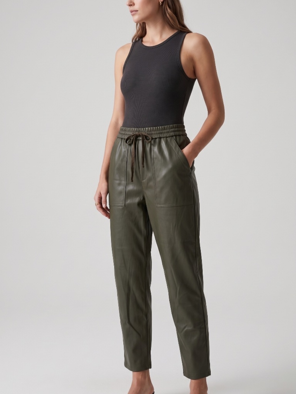 Saks Fifth Avenue Olive Green Faux Leather Jogger Pants Size M